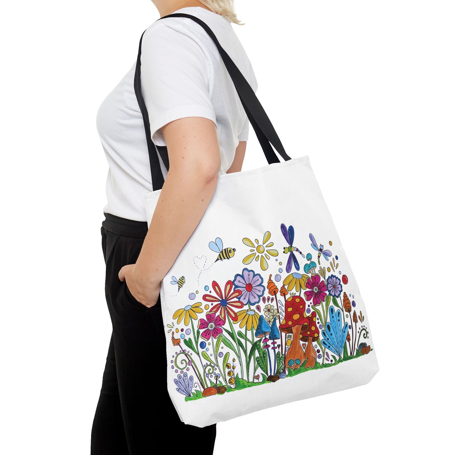 White tote bag with my original flower and mushroom drawings with bees and dragonflies