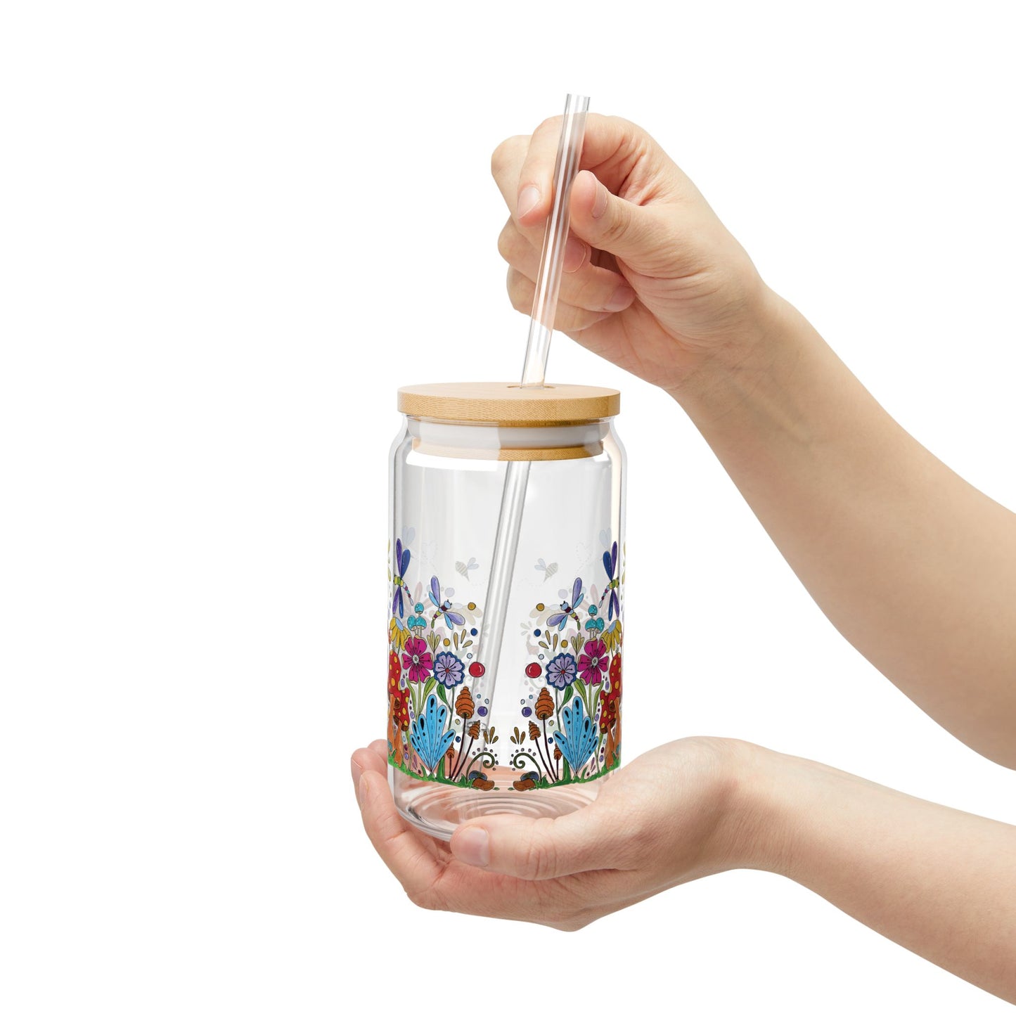 Zen Doodle Floral & Mushroom Sipper Glass — 16oz Original Art