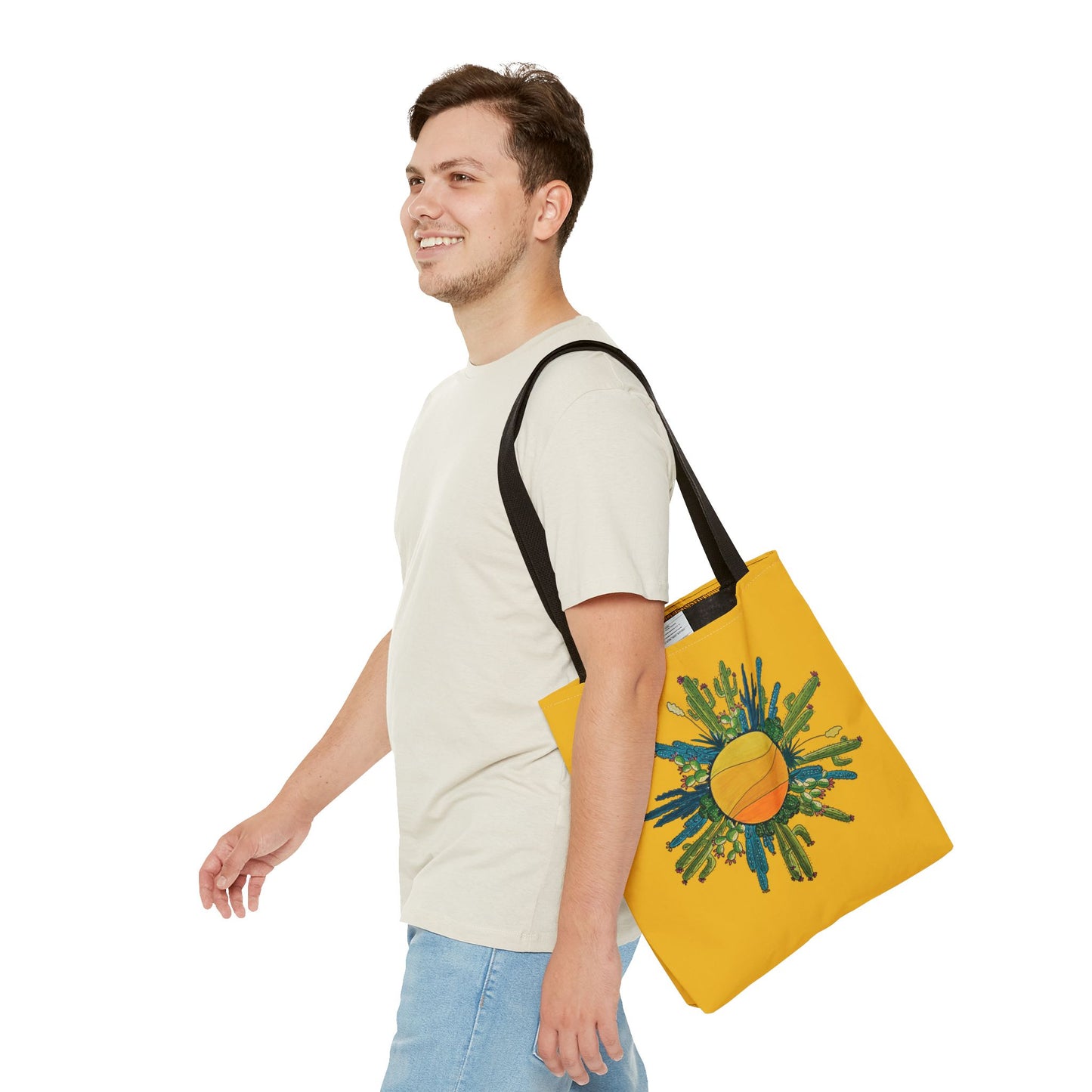 cactus sun tote bag with yellow brackground made with my original art - beach bag or book bag