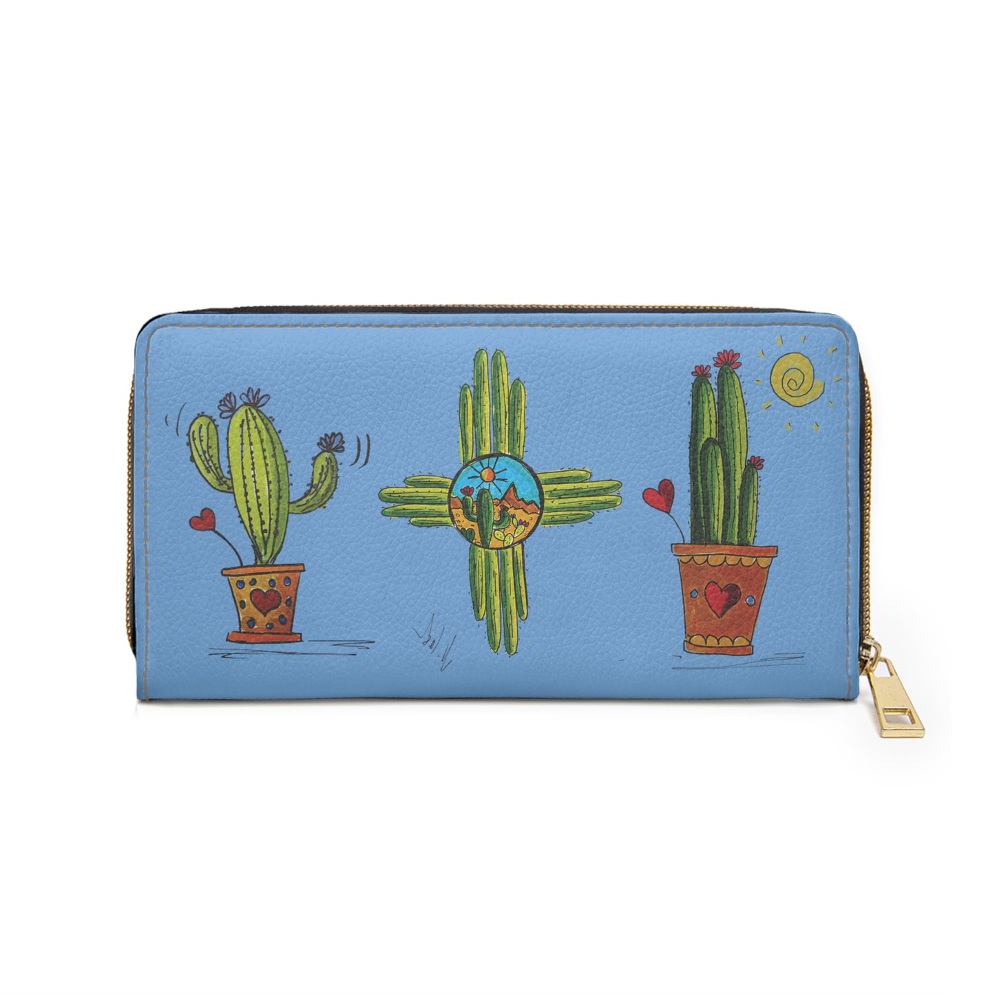 Blue zipper wallet with cacti front and back