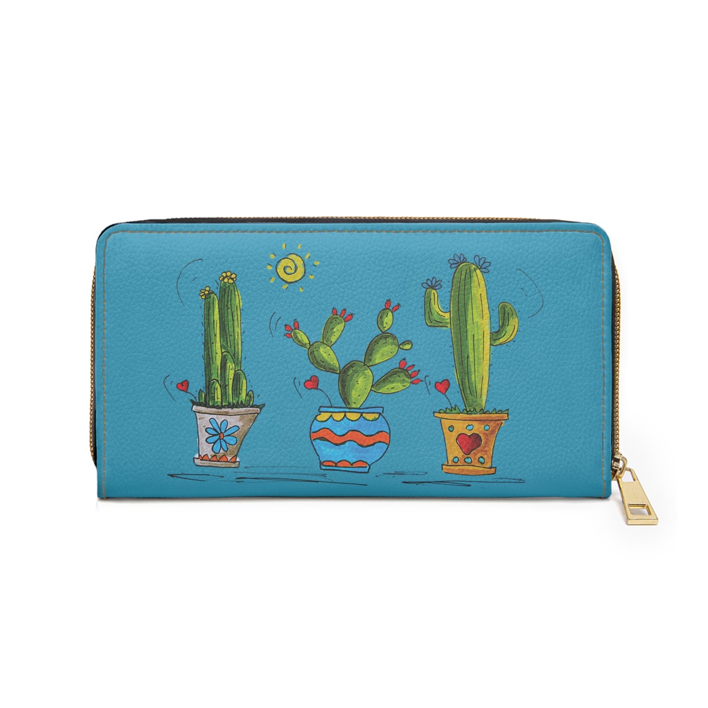 Blue Cactus Doodle Zipper Wallet — Cute Succulent Wallet with Cactus Pattern