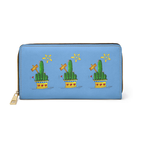 Cute cactus zipper wallet with my original cactus doodle art - blue