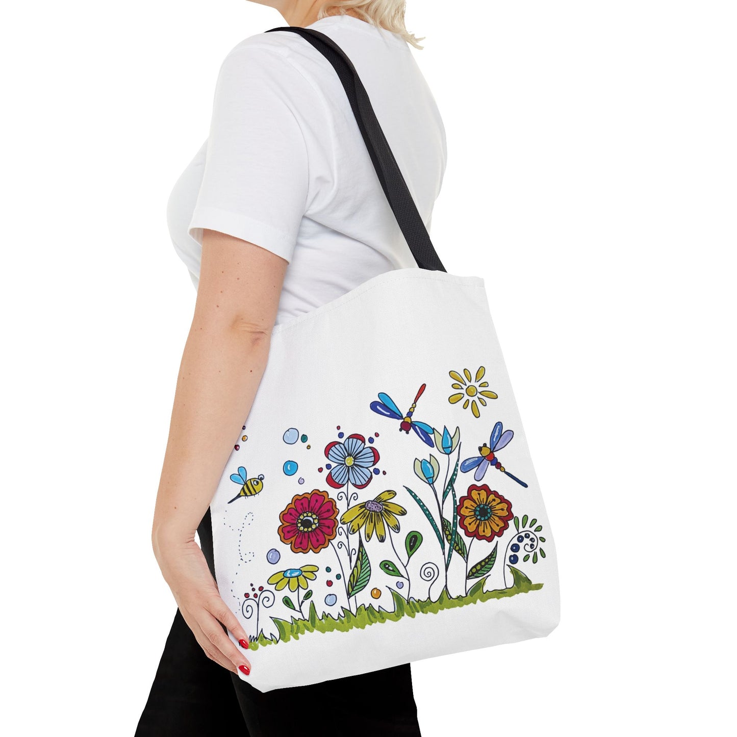 White canvas tote bag with my original zentangle flower garden drawing