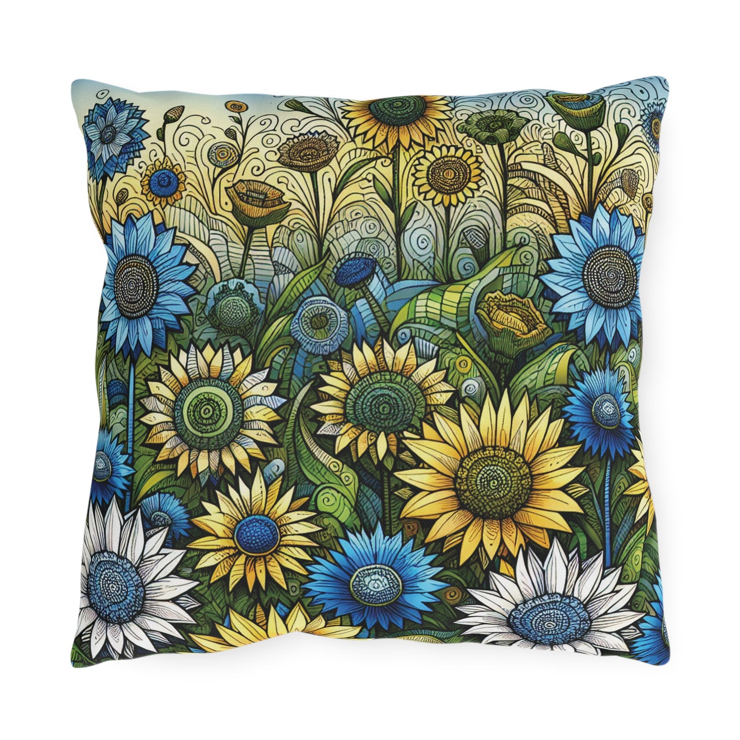 Sunflowers & Cornflowers Outdoor Pillow — Floral Garden Throw Pillow