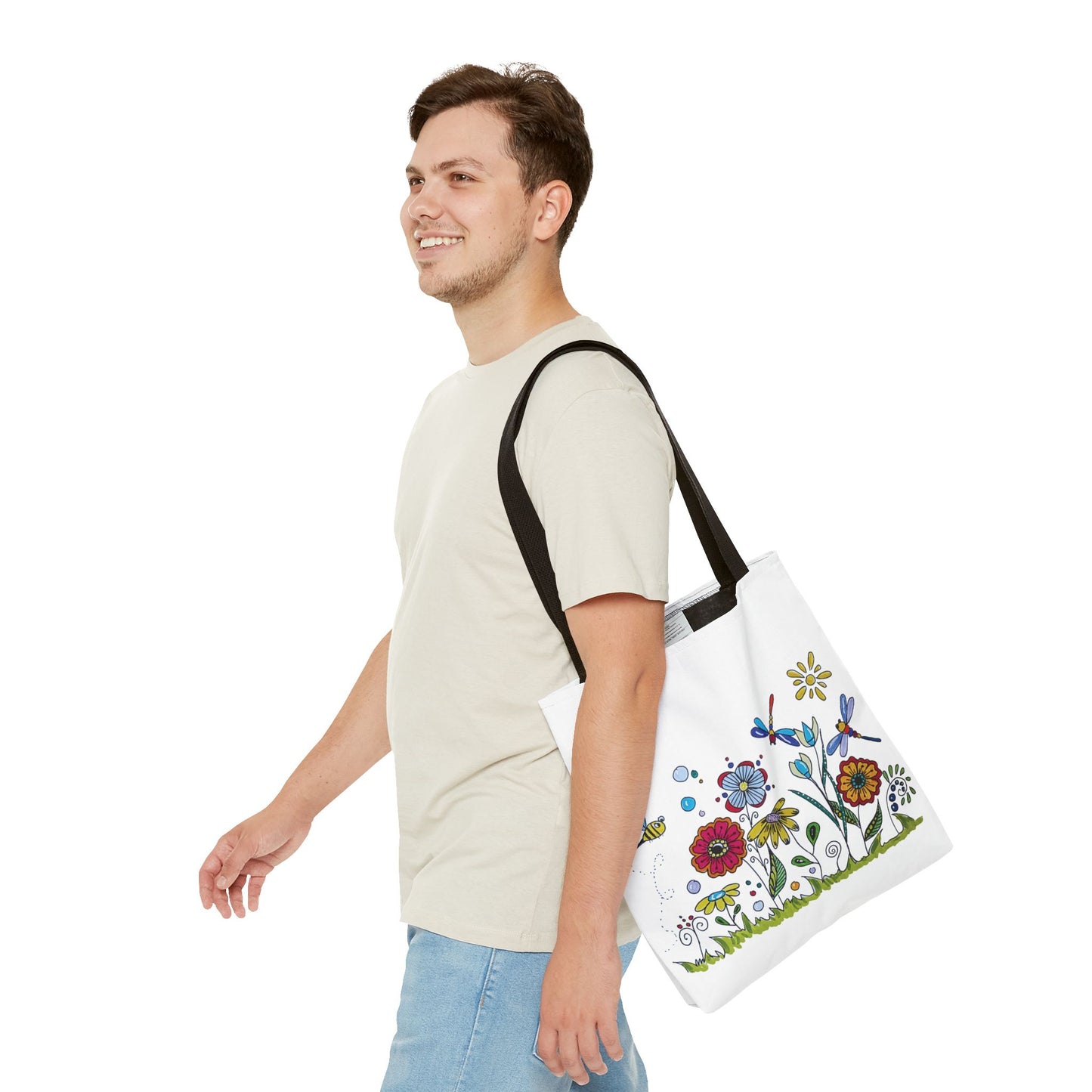 White canvas tote bag with my original zentangle flower garden drawing