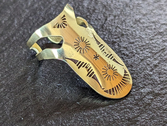 Brass finger pick with southwestern pattern handmade and playable - NicisPicks