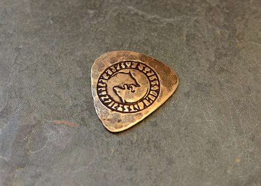 Bronze guitar pick -playable with 2 wolves - signed