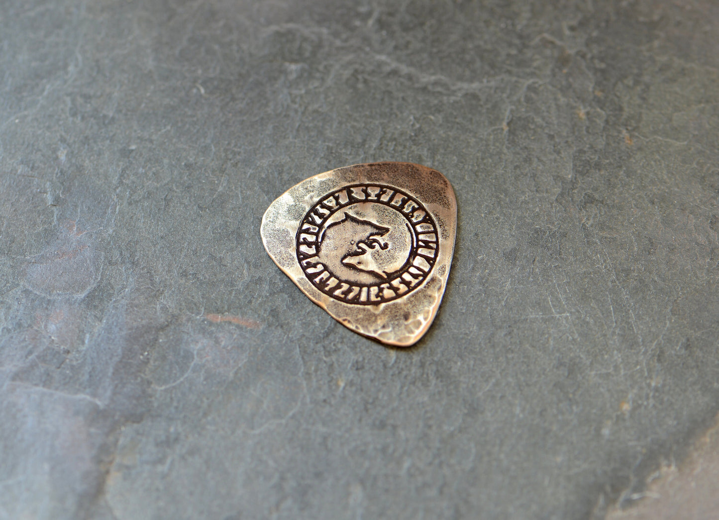 Bronze guitar pick -playable with 2 wolves - signed