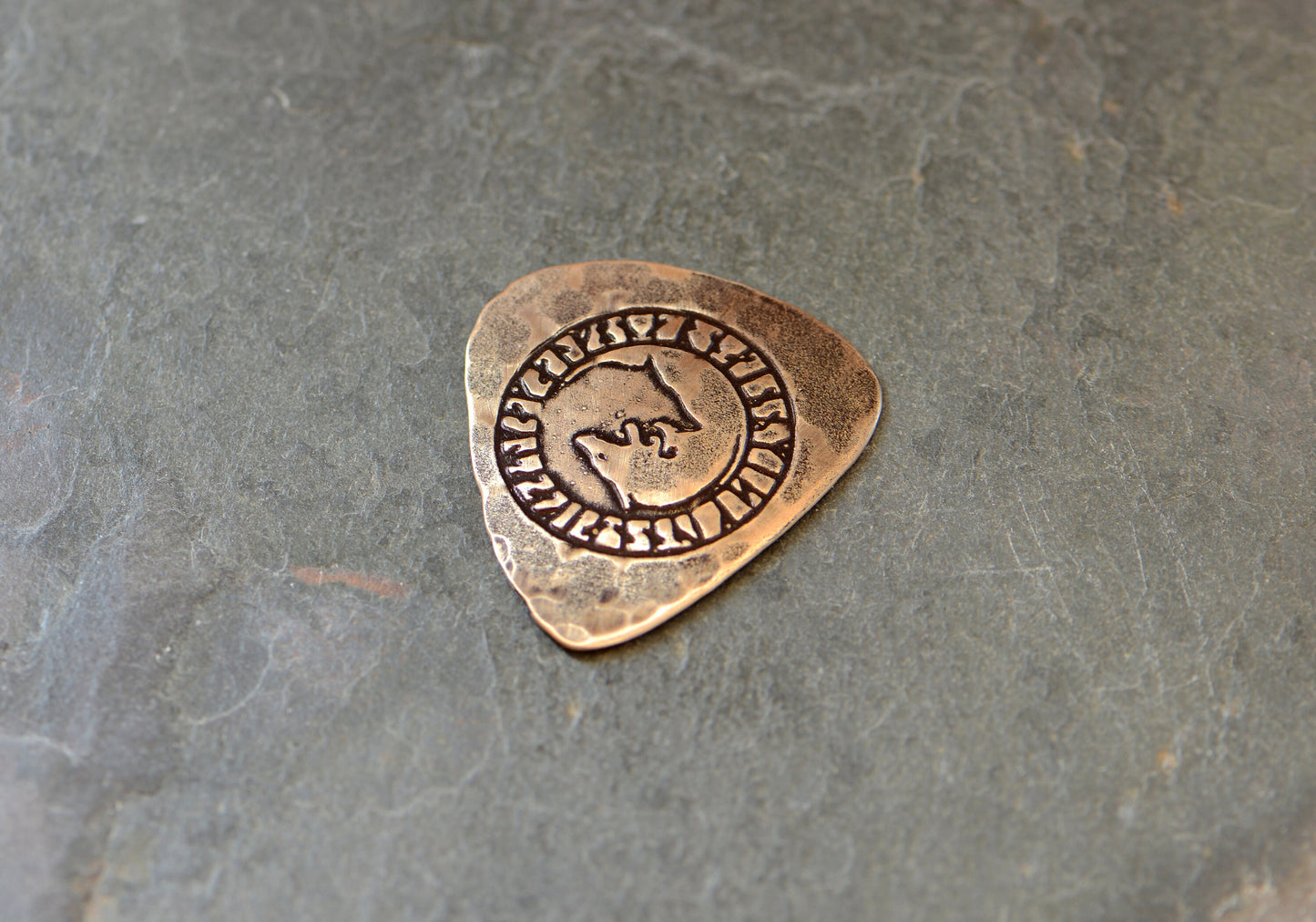 Bronze guitar pick -playable with 2 wolves - signed
