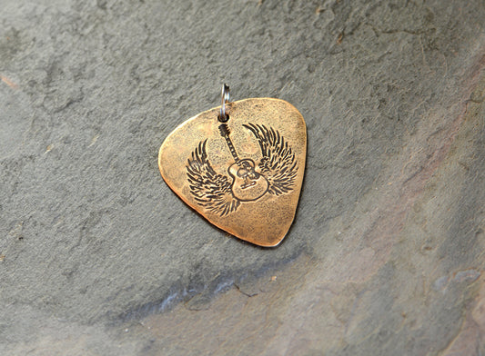 Bronze guitar pick necklace - playable with winged guitar - mens bronze necklace pendant