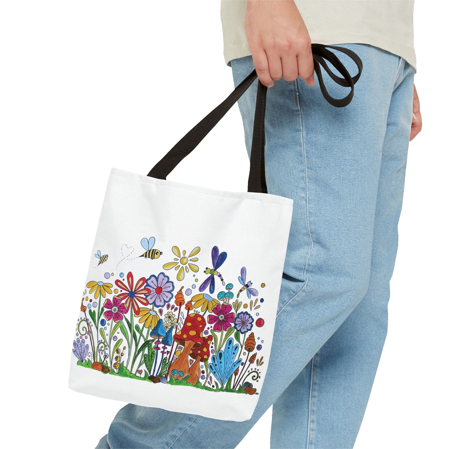 White tote bag with my original flower and mushroom drawings with bees and dragonflies