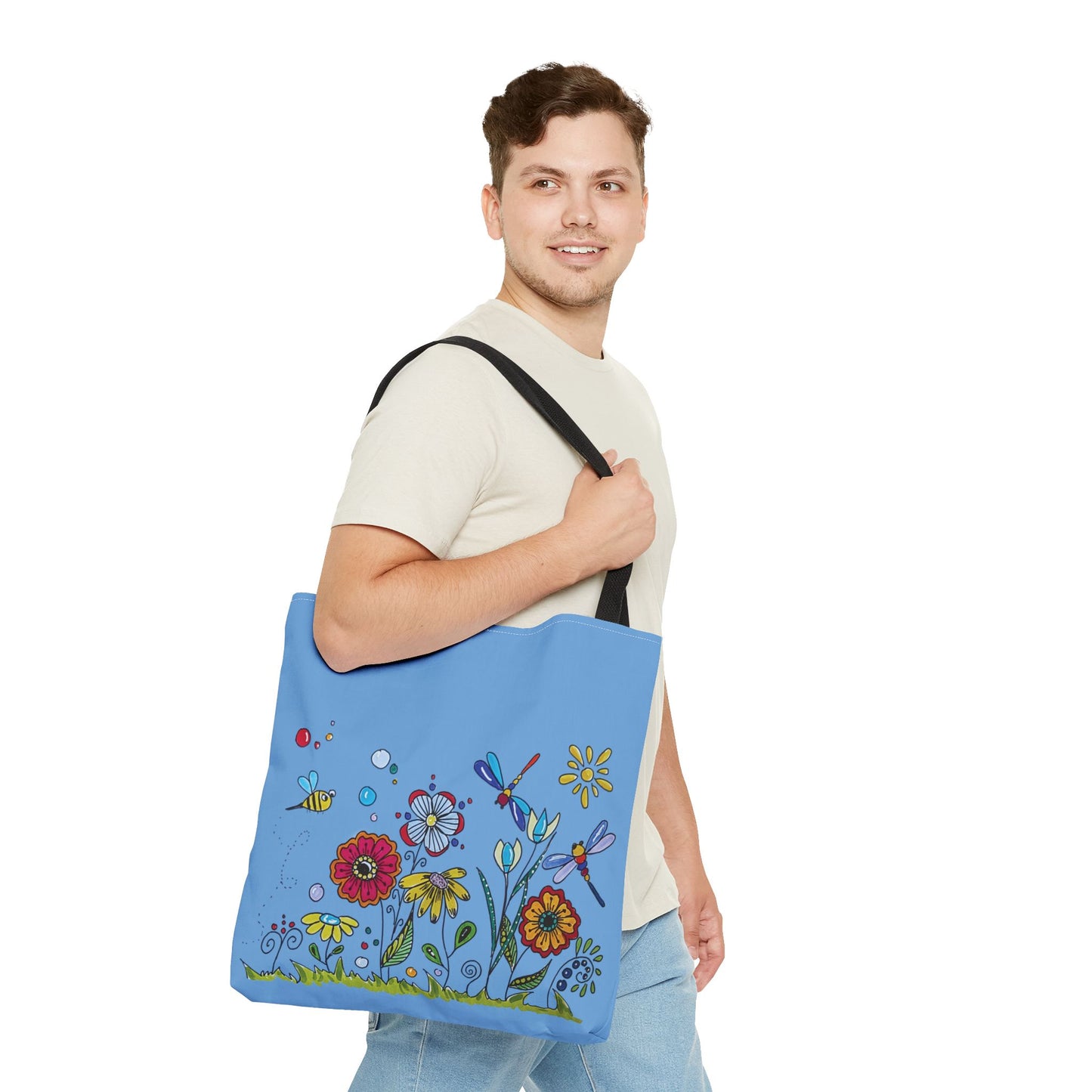 Flower garden tote bag with my original art - zentangle flowers - dragonflies and bee