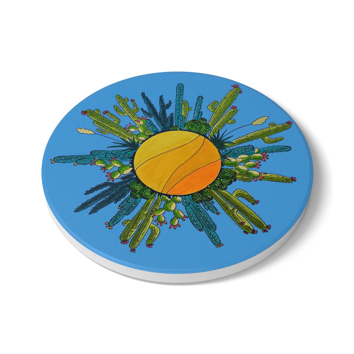 Cactus Sun Ceramic Coaster — Colorful Doodle Plant Art