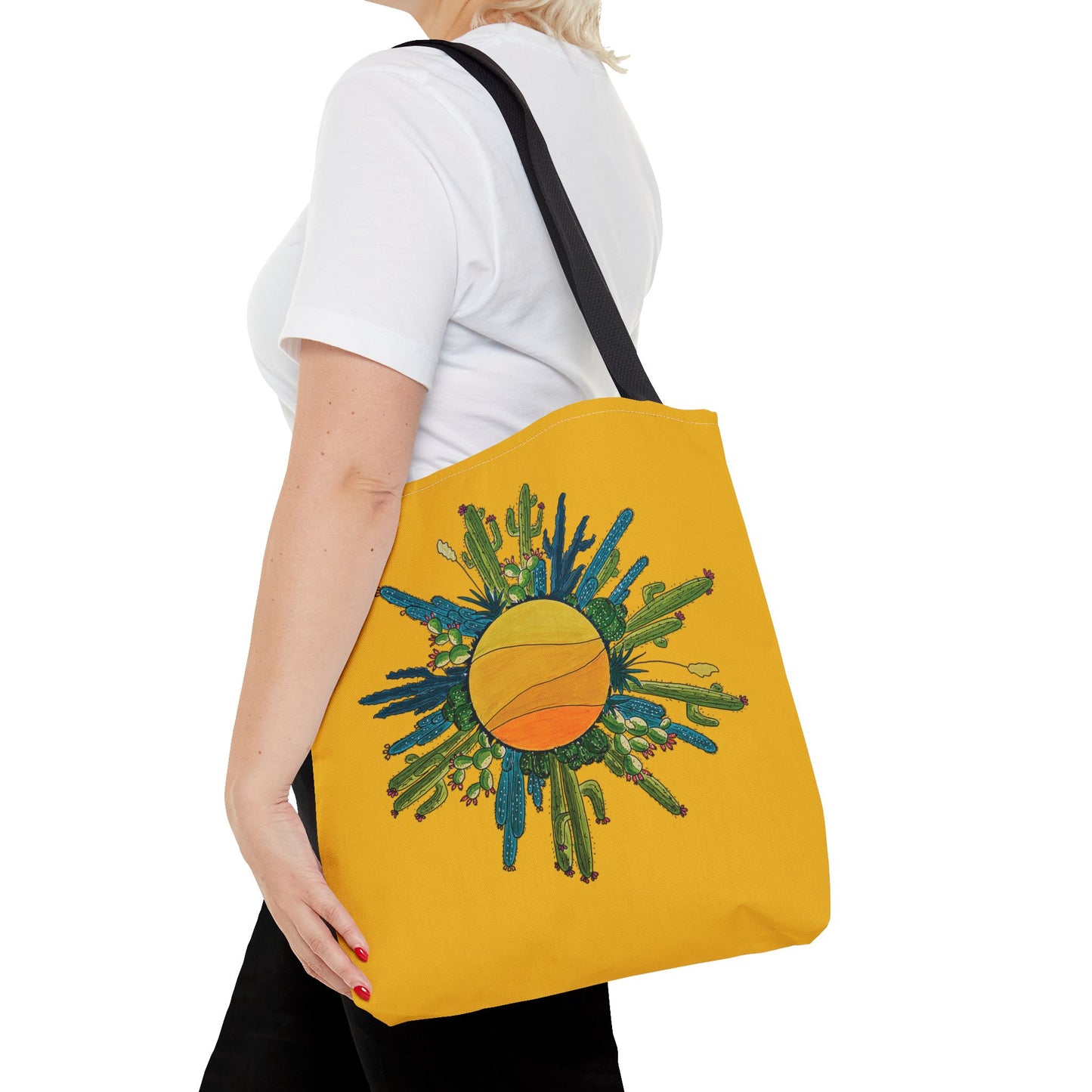 cactus sun tote bag with yellow brackground made with my original art - beach bag or book bag