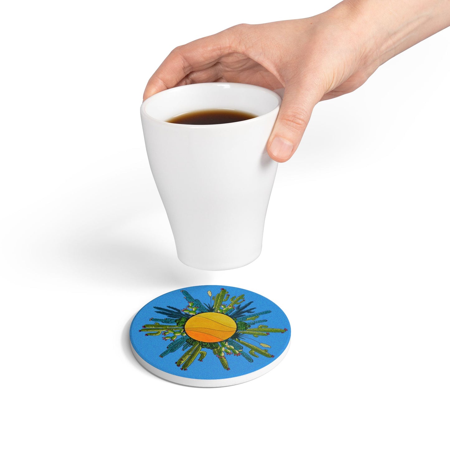 Cactus Sun Ceramic Coaster — Colorful Doodle Plant Art