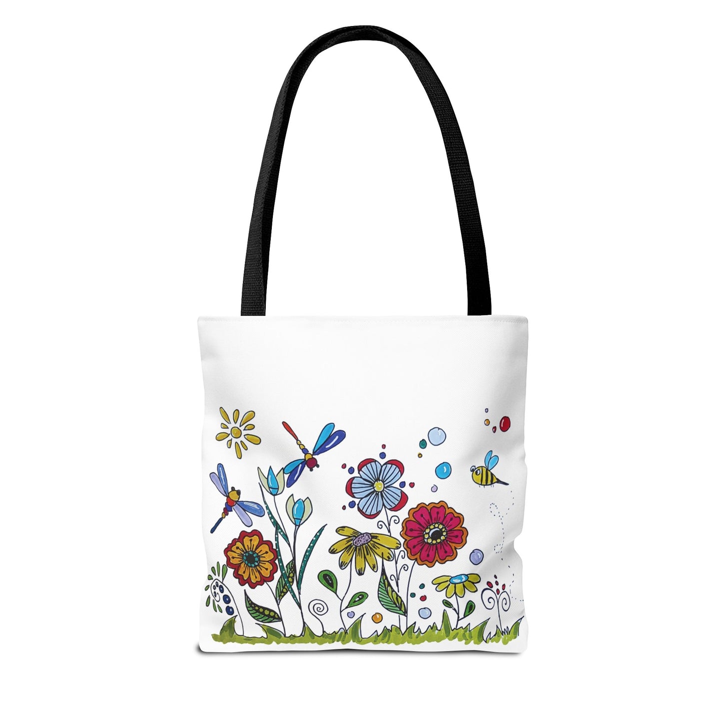 White canvas tote bag with my original zentangle flower garden drawing