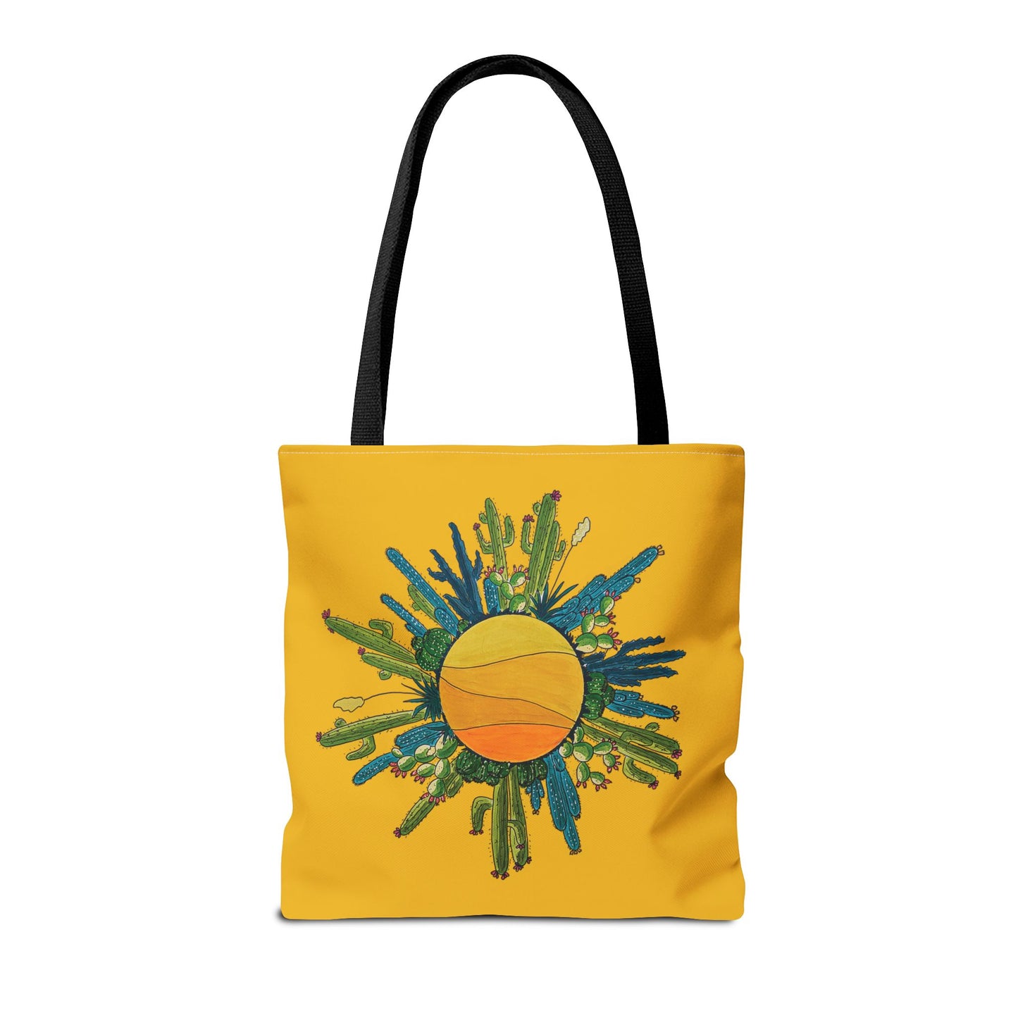 cactus sun tote bag with yellow brackground made with my original art - beach bag or book bag
