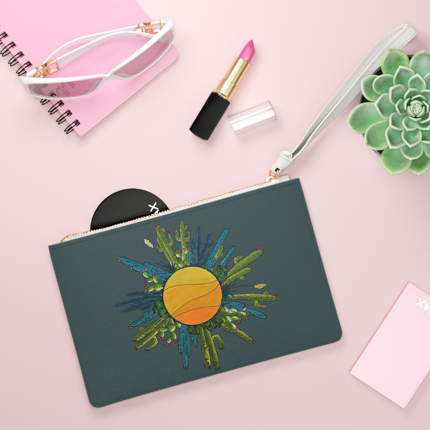 Cactus Sun Doodle Clutch Bag — Hand-Drawn Desert Art Wristlet