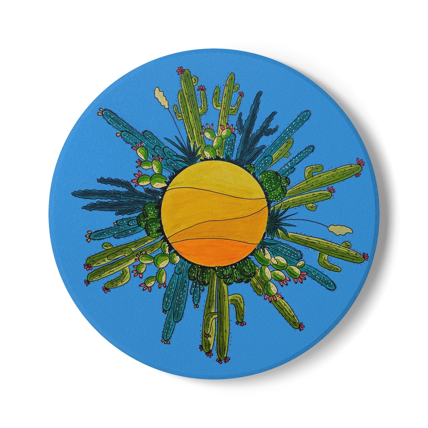 Cactus Sun Ceramic Coaster — Colorful Doodle Plant Art