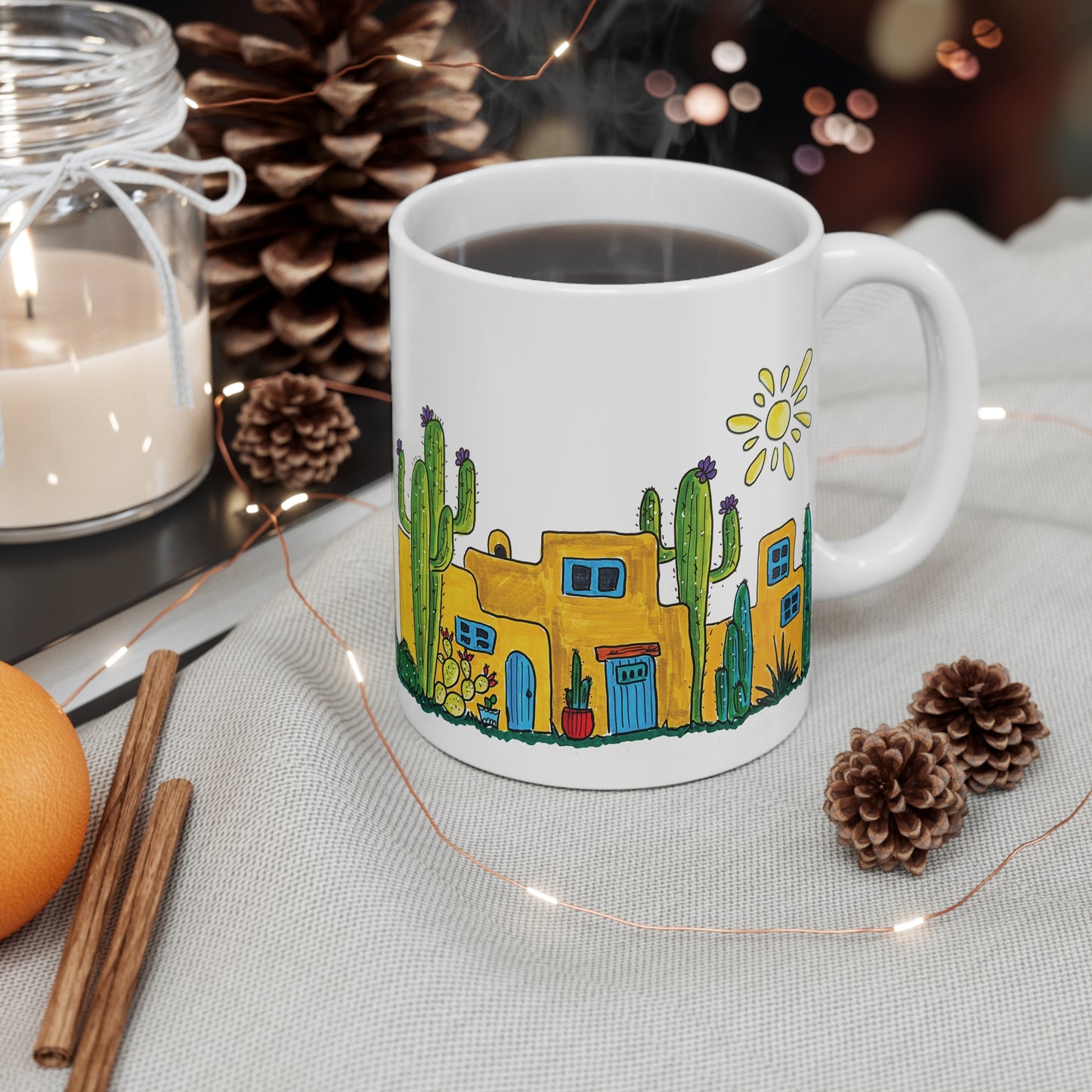 Mug 11oz Original Doodle Art of Adobe Houses and Cacti