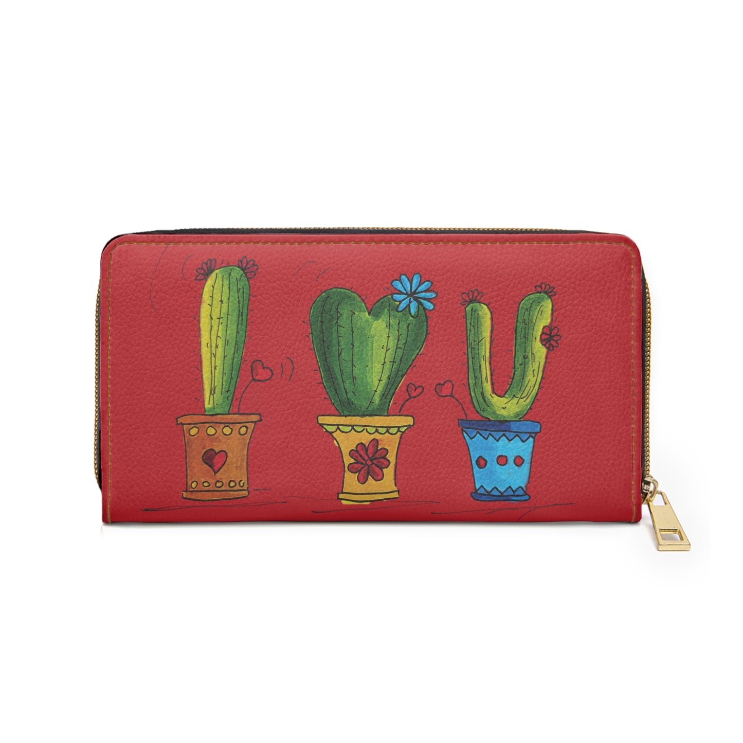 Cactus Doodle Zipper Wallet — Dark Red Potted Succulent Design