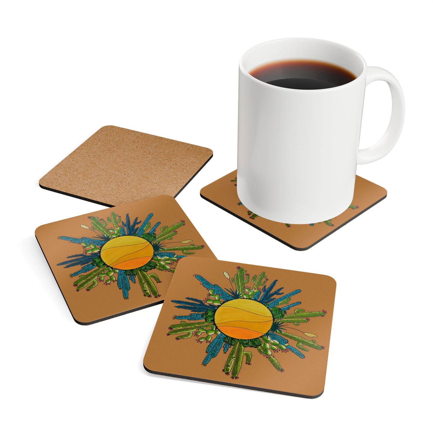 Cactus Sun Cork Coaster Set — Original Doodle Cacti