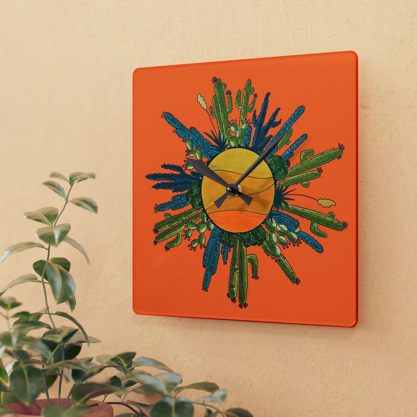 Cactus art wall clock made from acrylyc - orange