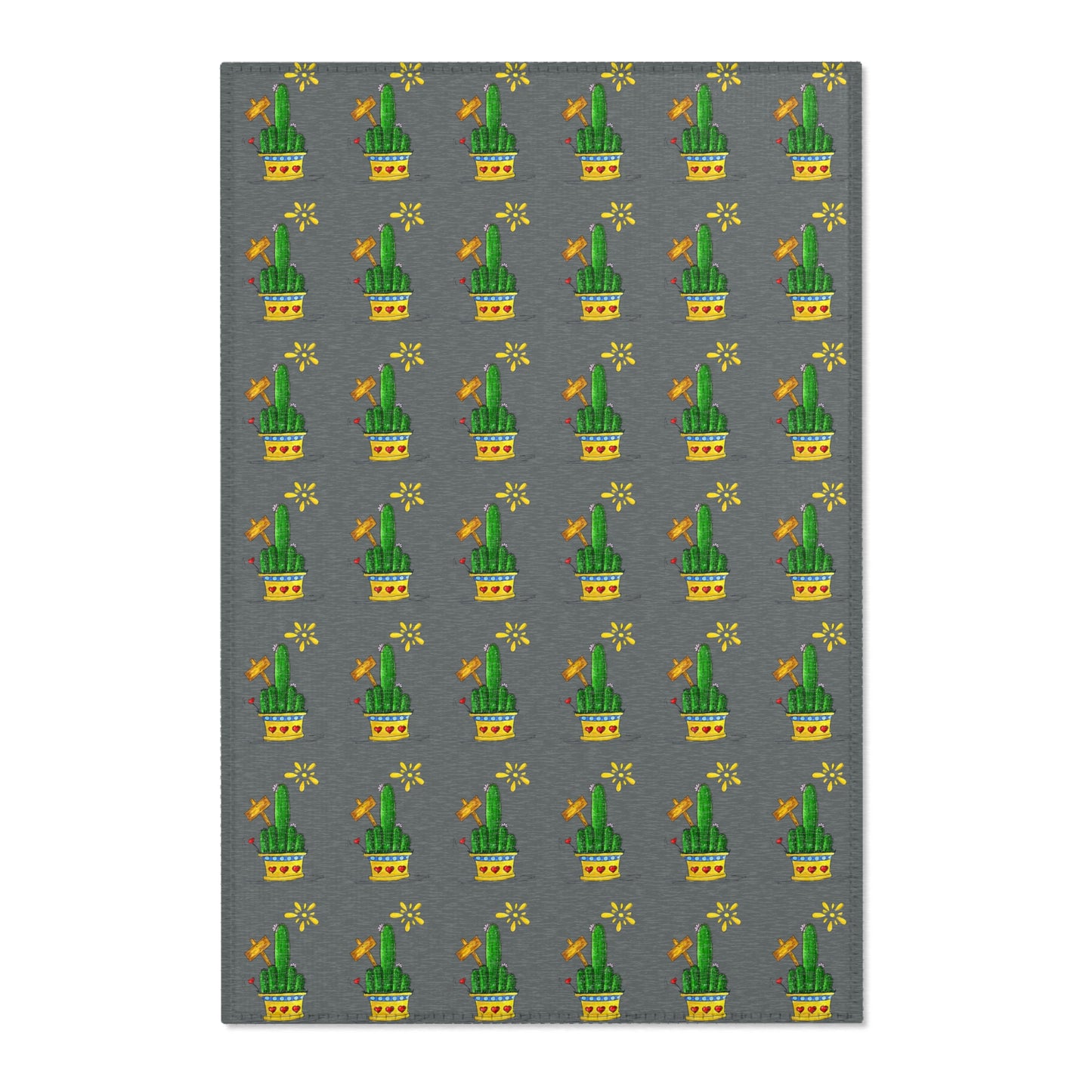 small grey area rug with cactus drawings