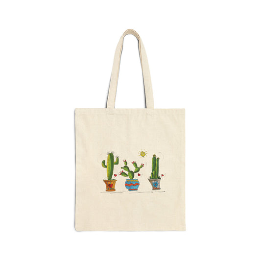 Cotton Canvas Tote Bag with cactus doodle art