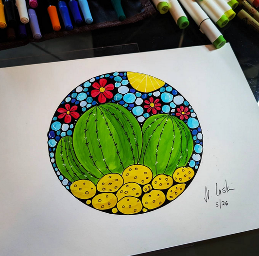 Original Doodle art drawing with cactus - alcohol ink on acid free paper