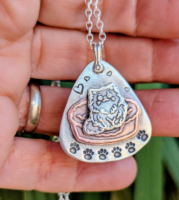 Mixed metal kitty cat pendant - guitar pick pendant