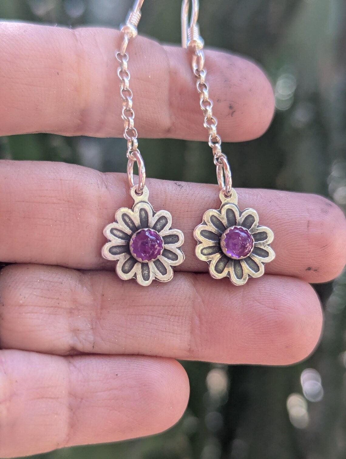 Sterling silver flower drop earrings with Amethyst