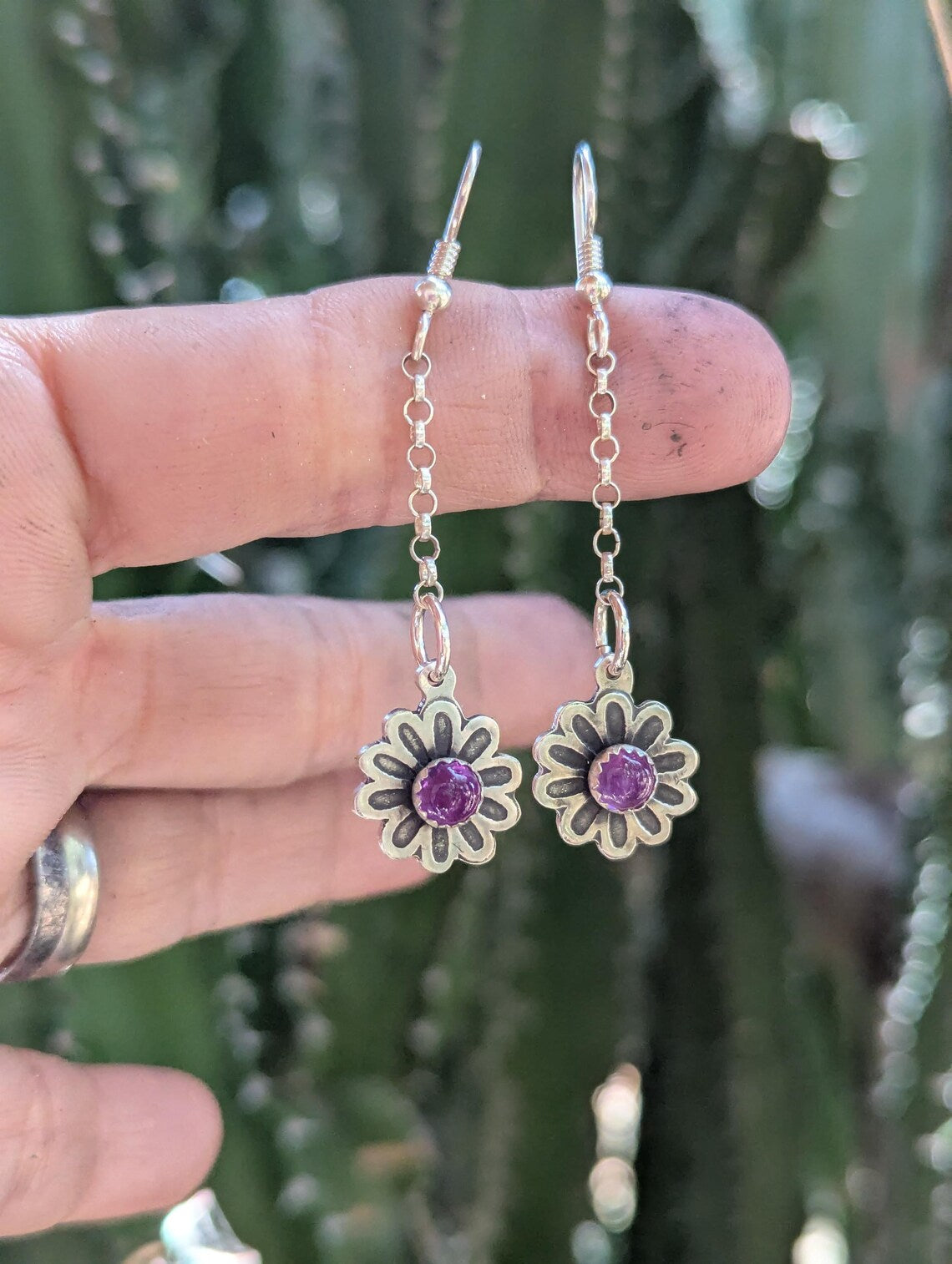 Sterling silver flower drop earrings with Amethyst