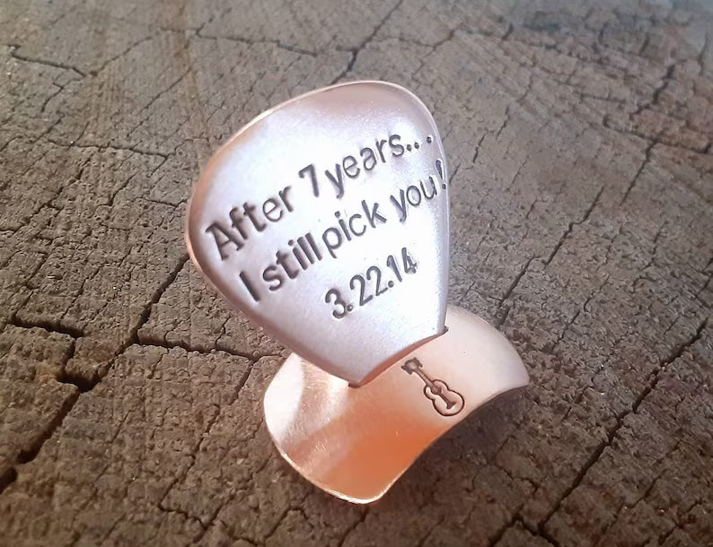 7th Anniversary copper guitar pick with stand