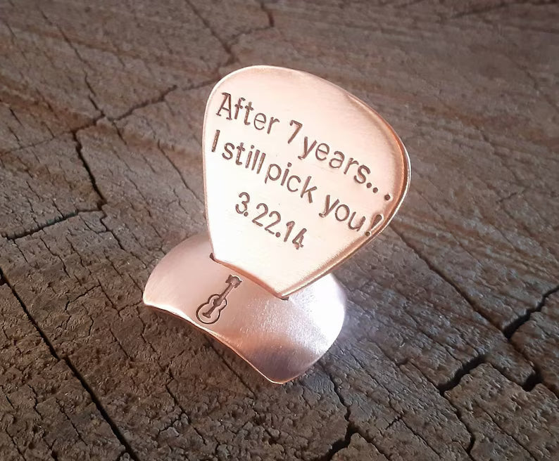7th Anniversary copper guitar pick with stand