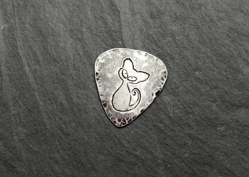 Sterling silver guitar pick with cat - handmade and playable
