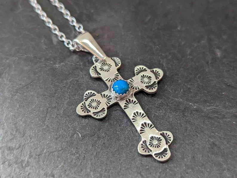 Sterling silver cross with Kingman mine Turquoise