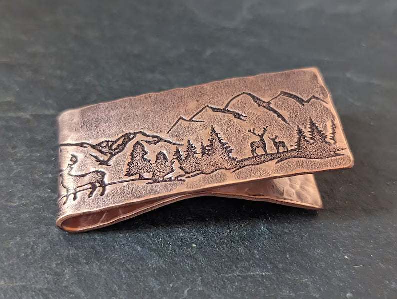 Copper money clip with Forest , Mountains and Deer - Forest Scene - Rustic