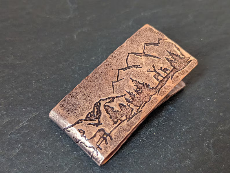 Copper money clip with Forest , Mountains and Deer - Forest Scene - Rustic