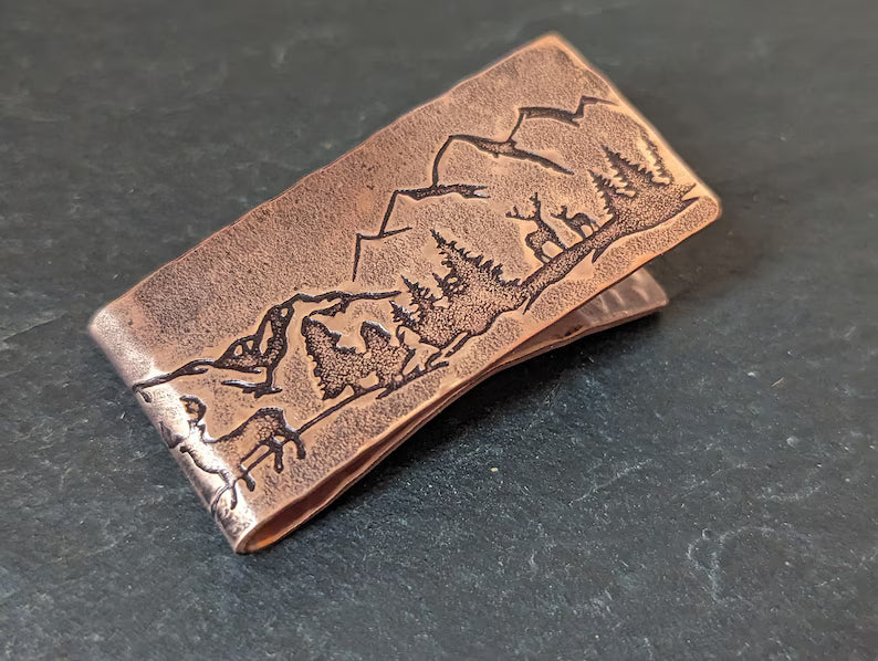 Copper money clip with Forest , Mountains and Deer - Forest Scene - Rustic