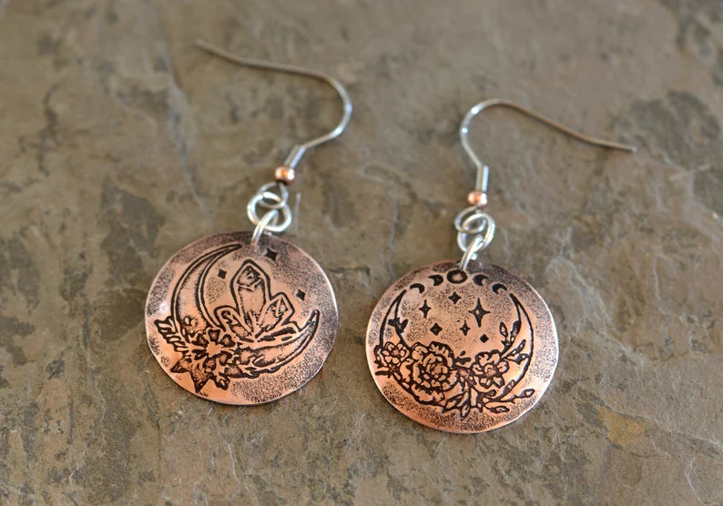 Copper crystal moon drop earrings - domed