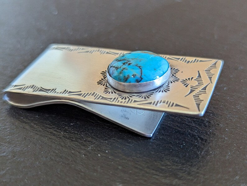 Sterling silver money clip with Kingman mine Turquoise