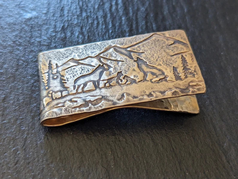 Bronze money clip with Forest , Mountains and Wolves - Forest Scene - Rustic