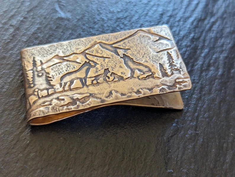 Bronze money clip with Forest , Mountains and Wolves - Forest Scene - Rustic