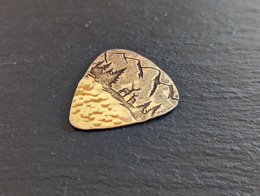 Bronze guitar pipck with Forest and Deer - handmade and playable