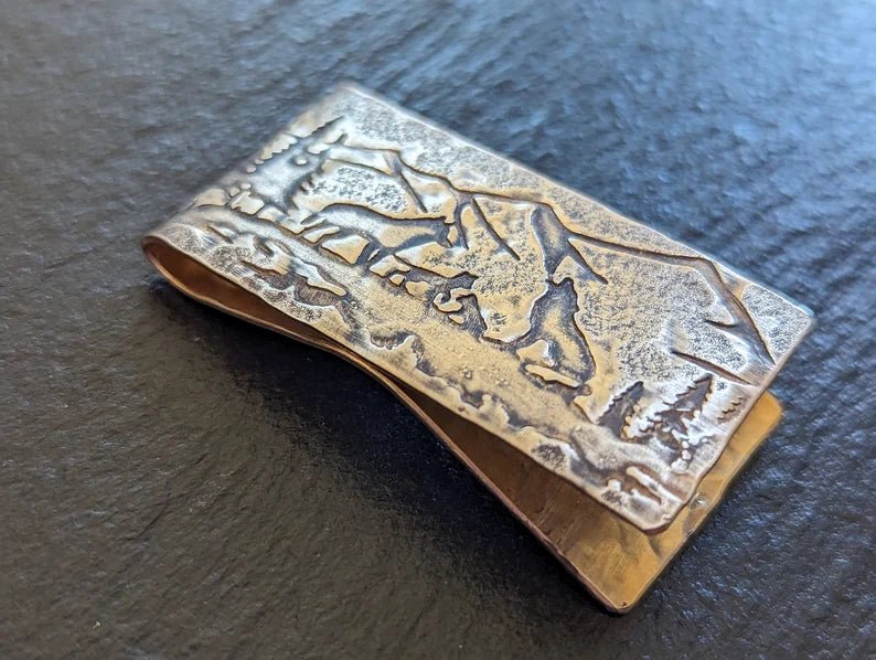 Bronze money clip with Forest , Mountains and Wolves - Forest Scene - Rustic