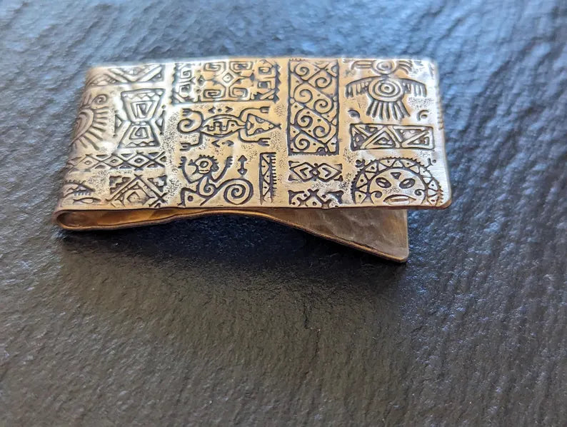 Bronze money clip - rustic with primitive pattern