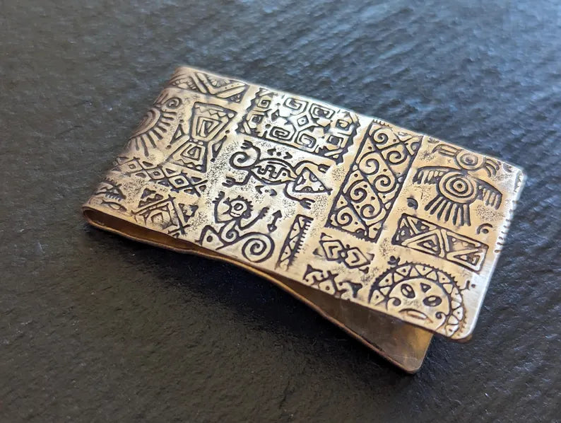 Bronze money clip - rustic with primitive pattern