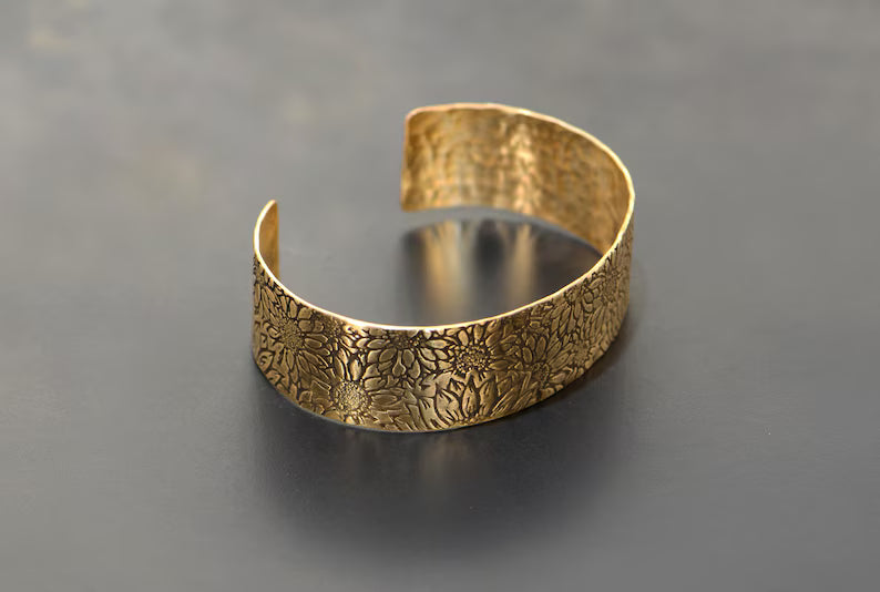 Bronze sunflower cuff bracelet - 3/4 inch wide