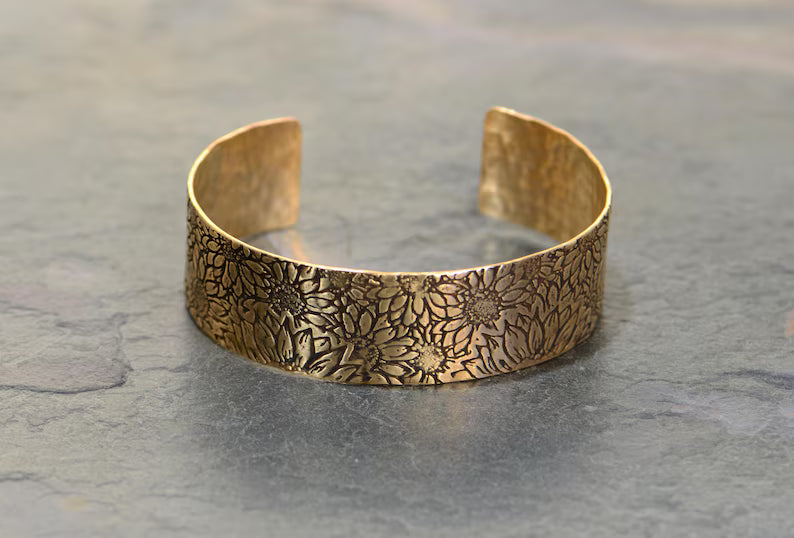 Bronze sunflower cuff bracelet - 3/4 inch wide